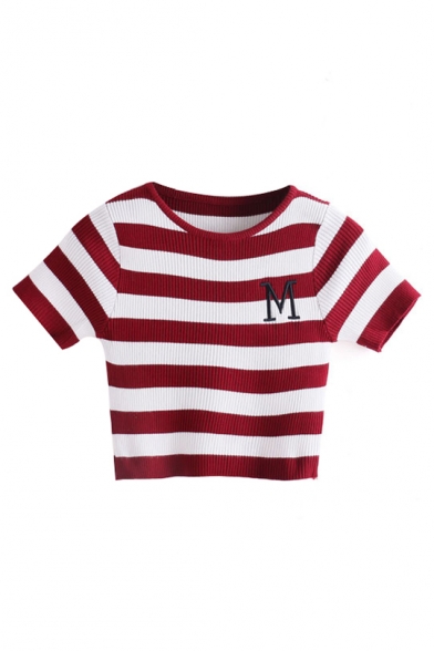 Stripe Short Sleeve M Embroidered Crop Knitting Top