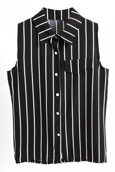 Striped Lapel Sleeveless Single-Breasted Chiffon Shirt