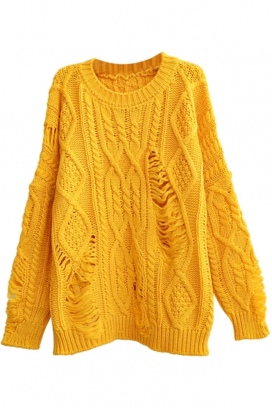 Vintage Ripped Plain Round Neck Cable Knitted Loose Sweater ...