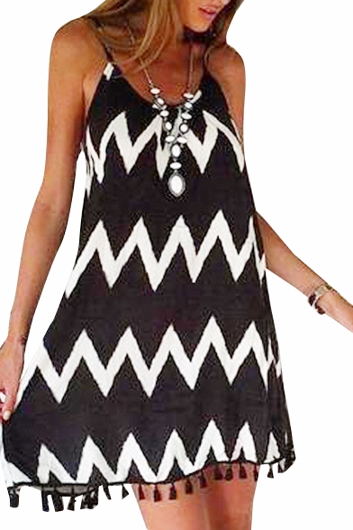 White Curve Pattern Black Slip Chiffon Dress with Tassel Hem