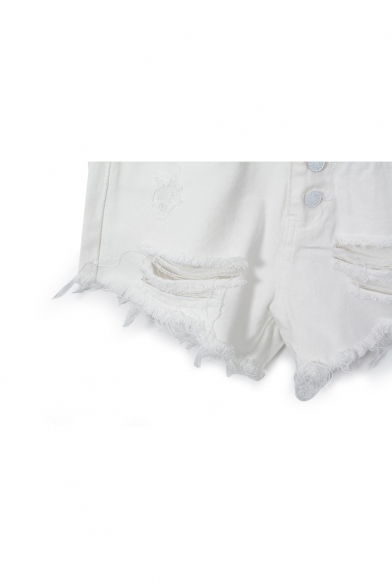 White Denim Four Button Front Ripped Shorts