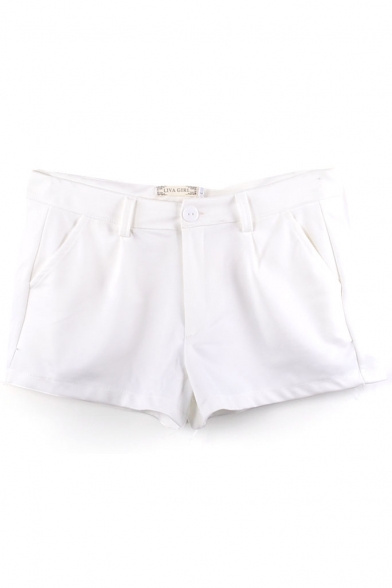 White Zipper Fly Plain Mid Rise Shorts