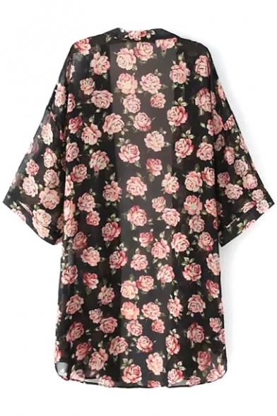 Black Collarless Rose Print Half Sleeve Kimono - Beautifulhalo.com