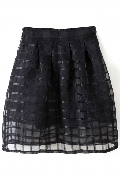 Black Elastic High Waist Organza Plaid Skirt