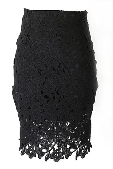 Black Elegant Lace Cutout Bodycon Skirt