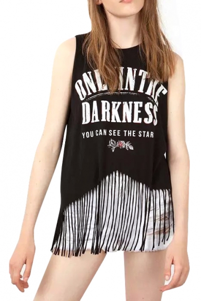 

Black Tassel Hem Sleeveless Letters T-Shirt, LC396584