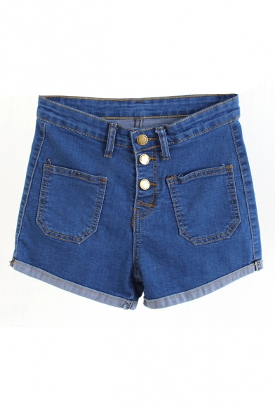 Blue High Waist Double Pocket Cuffed Denim Shorts