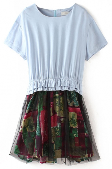 Blue Round Neck Top Mesh Print Skirt Panel Dress