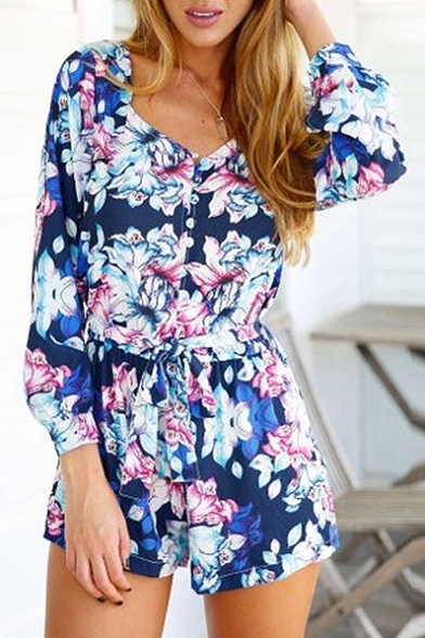 Button Down V-Neck Long Sleeve Floral Print Romper