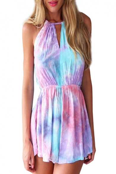 Dreamy Ink Color Print Sleeveless Camis V-Neck Rompers