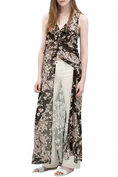 Floral Print V-Neck Sleeveless Open Front Dress