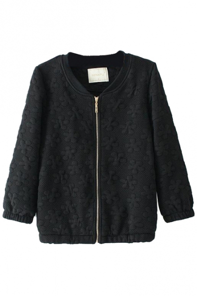 Jacquard Floral Plain Puff Sleeve Crop Coat with Zipper Fly