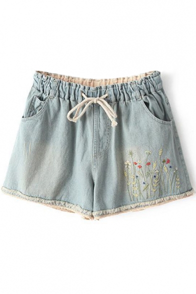 Light Blue Artistic Flora Embroidered Drawstring Waist Denim Shorts