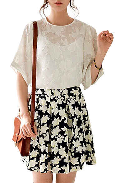 Pleated Flower Jacquard A-line Skirt