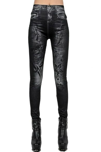 Black Skull and Floral Print Fitted Skinny Jeggings