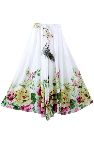 White Elastic Waist Floral Print Chiffon A-Line Skirt