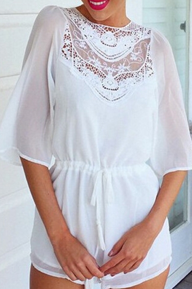 White Lace Insert Half Sleeve Knotted Open Back Romper