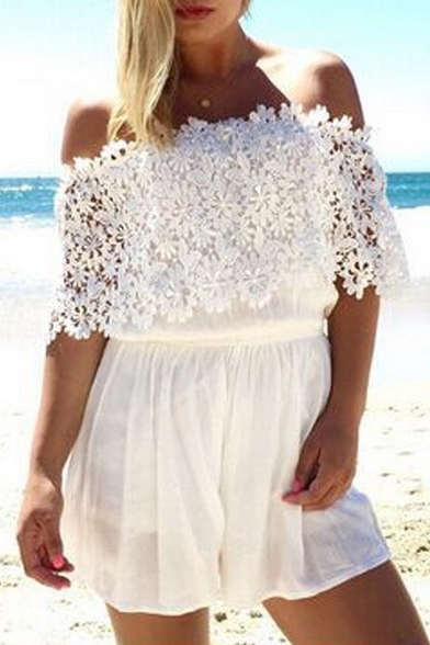 White Off-the-Shoulder Lace Flora Front Chiffon Rompers