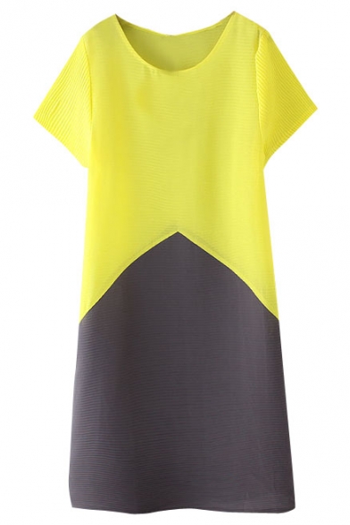 Yellow&Gray Block Short Sleeve Concise Dress