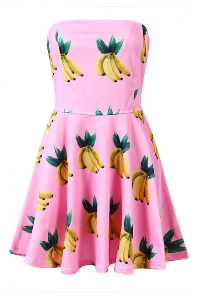 Banana Print Strapless Zip A-Line Dress