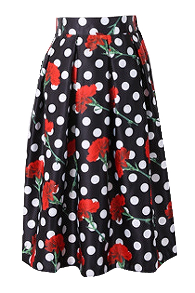 Black Background Red Flower White Polka Dot A-line Skirt