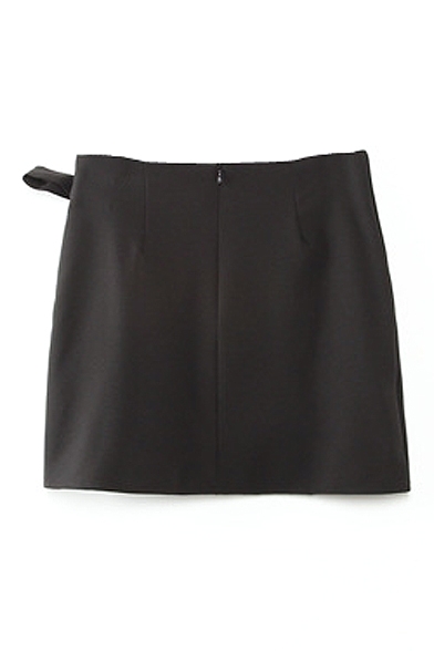 Black Bow Tie Front Mini Skirt with Asymmetrical Hem - Beautifulhalo.com