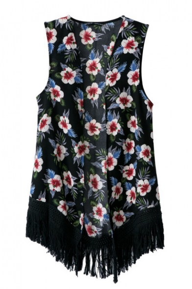 Black Floral Print Sleeveless Open Front Tassel Vest