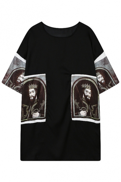 Black Short Sleeve Symmetric King Print T-Shirt Dress