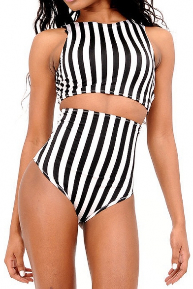 Black&White Stripe Print High Waist Bikini Set