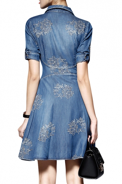 Blue 1/2 Sleeve Lapel Embroidered Denim A-line Mini Denim Dress