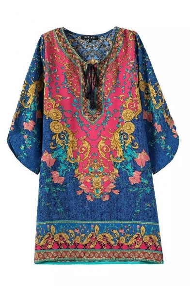 Blue 3/4 Sleeve Ethnic Pattern Drawstring Neck Loose Dress