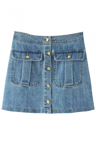 Button Fly Double Pockets A-line Denim Street Style Skirt