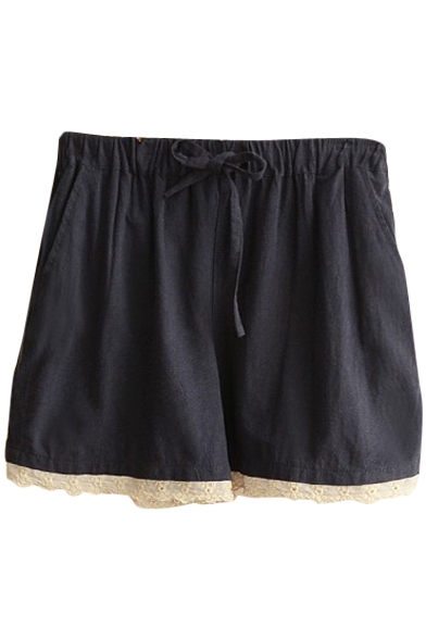 Lace Hem Drawstring Waist Loose Shorts
