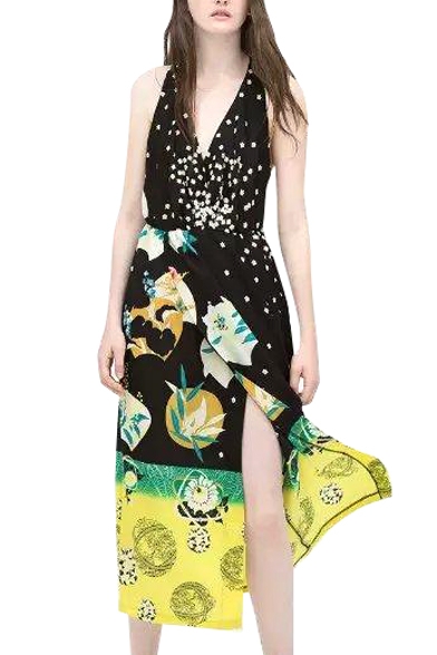 Floral Print V-Neck Sleeveless Split Front Dress