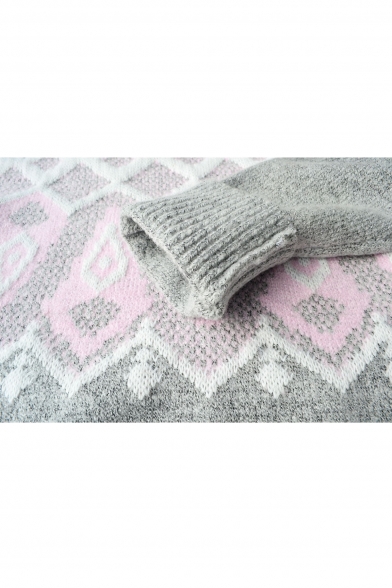 Geometric Jacquard Round Neck Long Sleeve Wool Blend Sweater