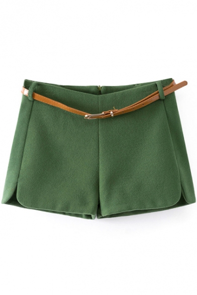 Green Casual Wool Shorts with Belt