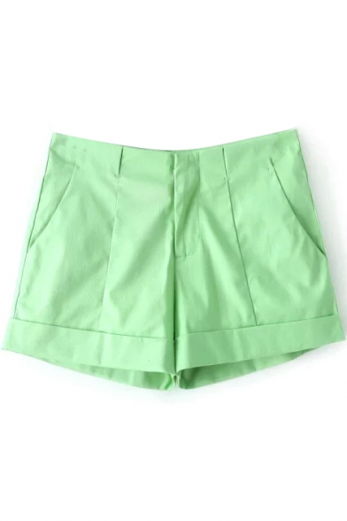 Plain Pleated Zipper Fly Pockets Shorts
