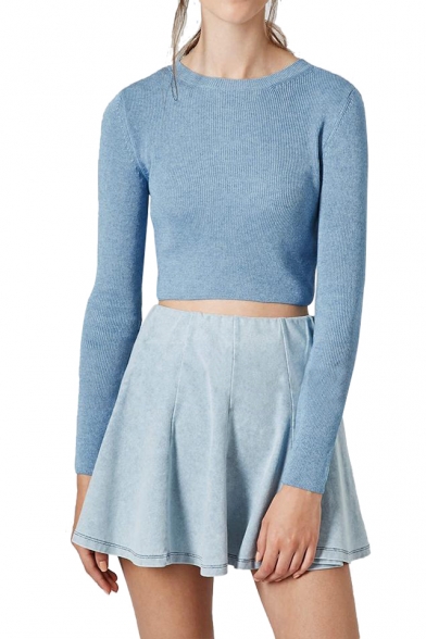 Plain Round Neck Long Sleeve Crop Ribbed Knitted Sweater