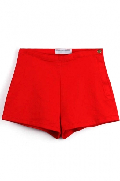 Red Plain Denim Hot Pants with High Rise