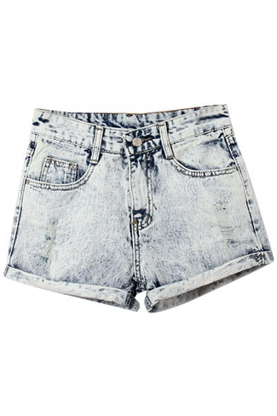 White Busted Two Fake Pockets Zipper Fly Shorts