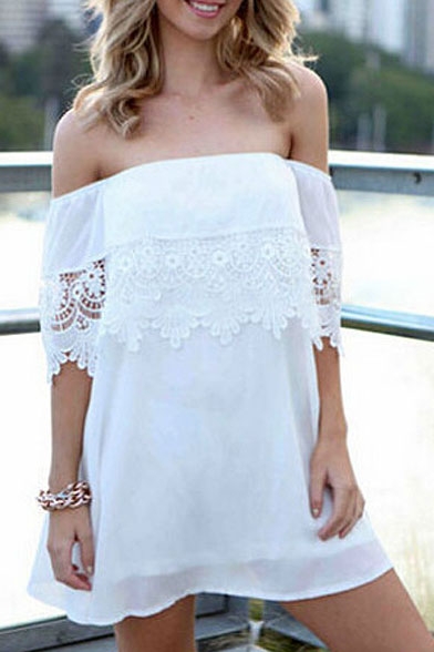 White Off-the-Shoulder Lace Insert A-line Dress