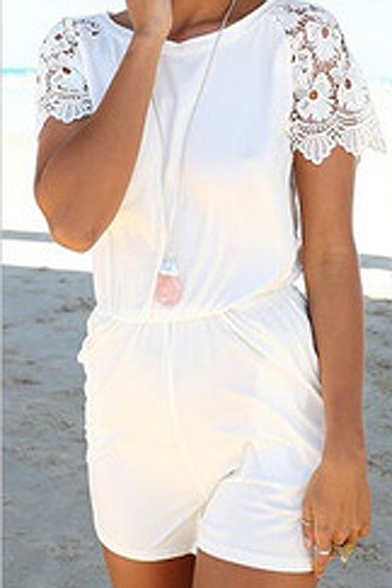 White Round Neck Lace Short Sleeve Chiffon Rompers