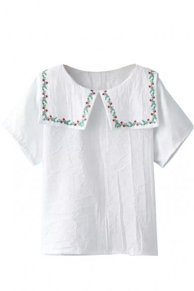White Short Sleeve Embroidered Oversized Lapel Blouse