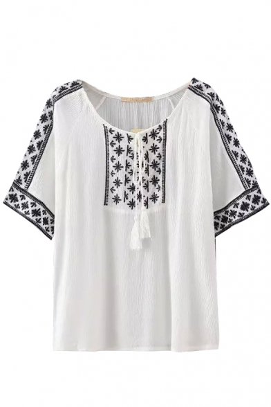 White Short Sleeve Ethnic Embroidered Drawstring Neck Vintage Blouse