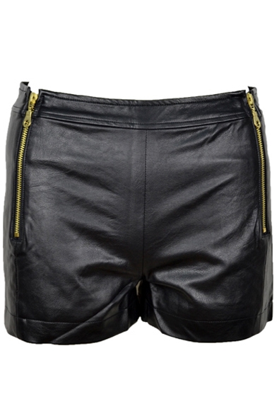 Black Fitted Side Double Zipper PU Shorts
