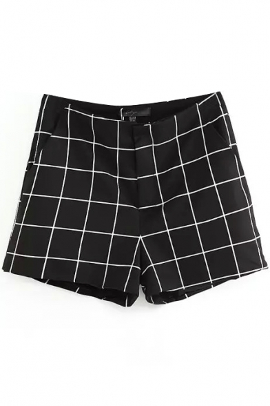 Black Modern Plaid Pattern High Waist Shorts