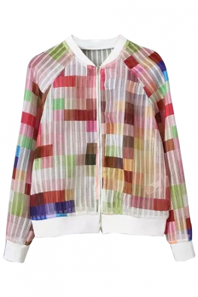 Colorful Print Long Sleeve Zip Fly Organza Jacket