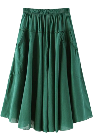 Elastic Waist Double Pockets A-line Midi Skirt - Beautifulhalo.com