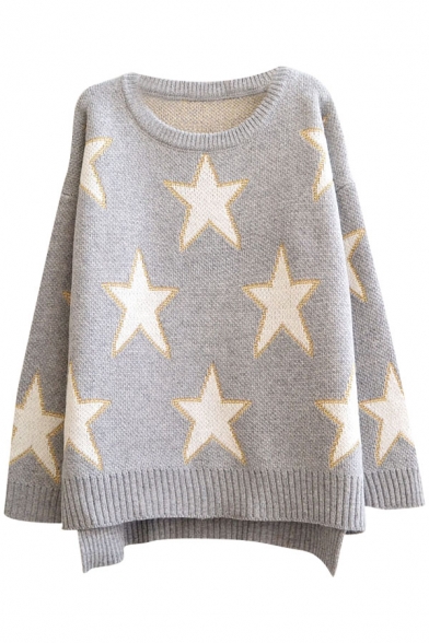 Gold Thread Star Pattern Step Hem Round Neck Long Sleeve Sweater