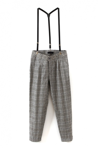 Gray Plaid Fitted Skinny Overall Pants - Beautifulhalo.com